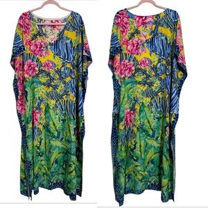 Women's Kaftan Green Floral Dress Swim Beach Cover Up One Size Fit Most Rayon